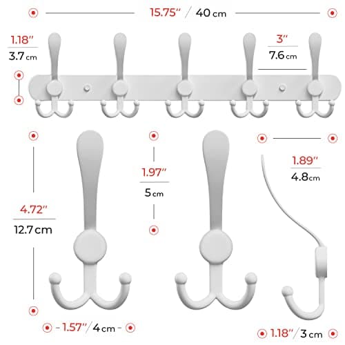 16-Inch Heavy Duty Matte Stainless Steel Coat Rack - 5 Hooks for Towels, Bags, Hats - Wall Mounted - White - 2 Pack