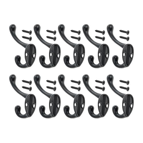10pcs Black Wall Hooks for Towels, Clothes & Coats in Bedroom & Living Room with 20 Screws