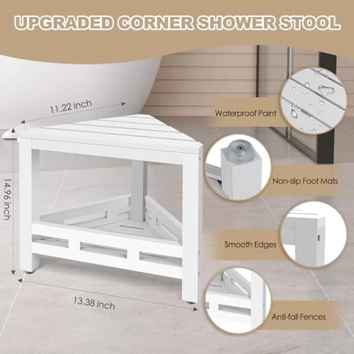 Waterproof White Bamboo Shower Stool with Leg Shaving Storage (13.5 in)