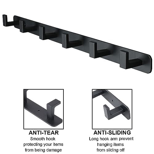 Heavy Duty 6-Hook Stainless Steel Coat Rack, Black, Bathroom & Kitchen Storage