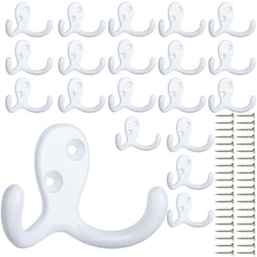 IBosins 28-Pack Heavy Duty Double Prong Coat Hooks Wall Mount Utility Hooks — 20 Pcs White