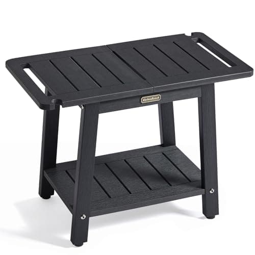HDPS Waterproof Shower Bench Seat with Handles & Holder, Black Non-Slip Foot Rest