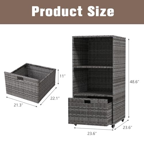 Kinbor PE Rattan Outdoor Pool Towel Storage Cabinet with Shelves & Drawer
