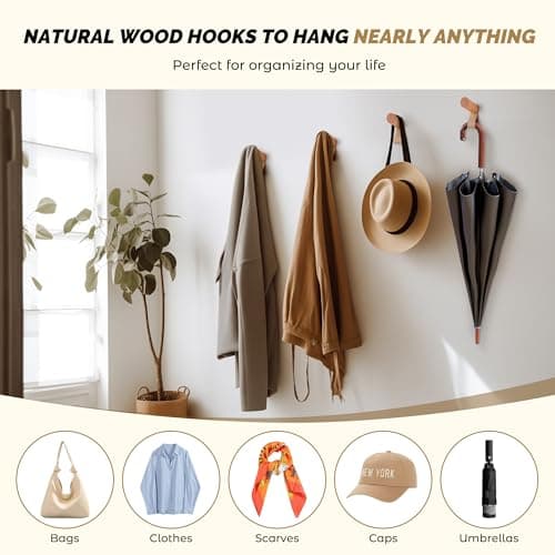 Natural Wood Wall Hooks, 4 Pack Heavy Duty Hat & Towel Hangers