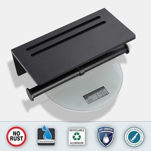 Rustproof Black 3M Adhesive Toilet Paper Holder with Phone Shelf