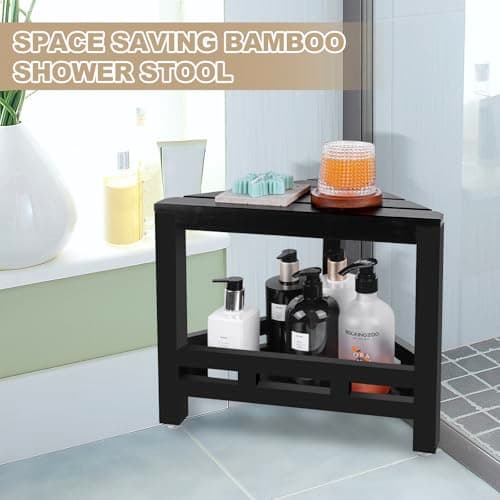 Updated Bamboo Corner Shower Stool, Waterproof with Storage, Anti-Slip Pad (Black)