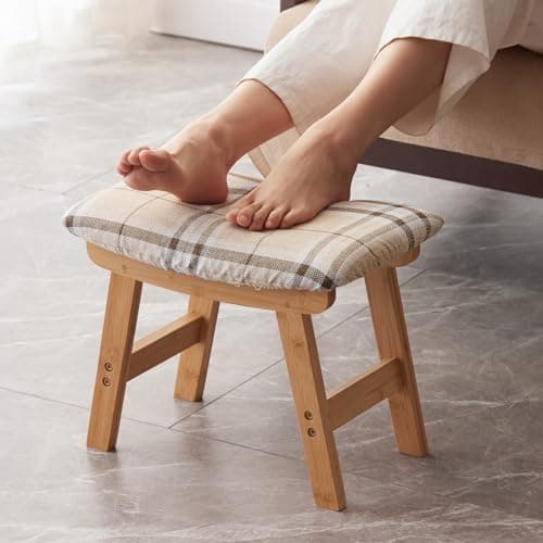 Bamboo Desk Foot Stool, Black Legs & Surface - Extra Seating — Natural Stool Legs - Stripes Surface