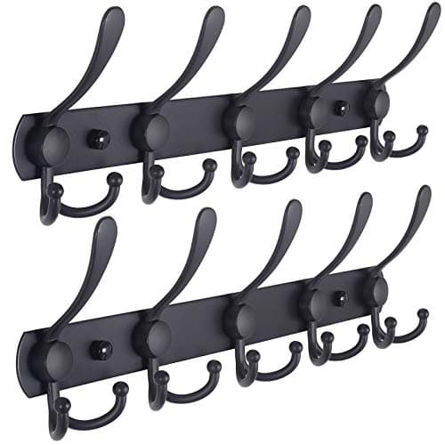 Wall Mounted Coat Rack with 5 Tri Hooks - Stainless Steel, Heavy Duty (Black, 2 Packs)