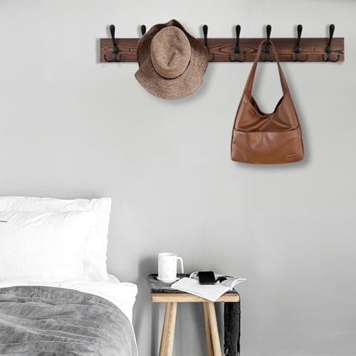 Large Wall Mount Coat Rack with 8 Triple Hooks - Brown Pine Wood Plank Hat Rack for Coat, Hat, Jacket