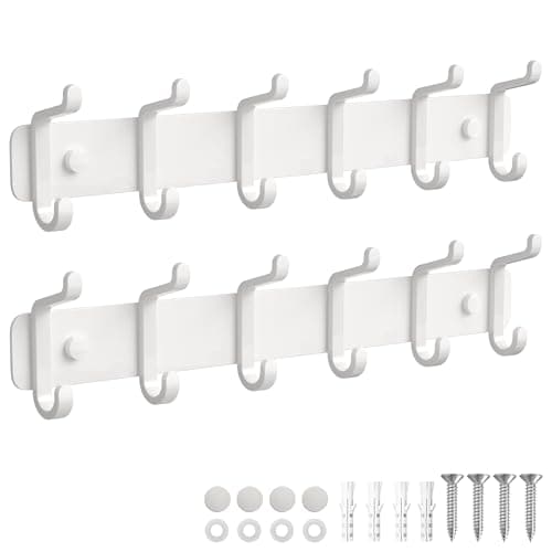 Pickpiff Heavy Duty Black Coat Hook Rail with 6 Dual Hooks for Mudroom, Entryway, and More — White
