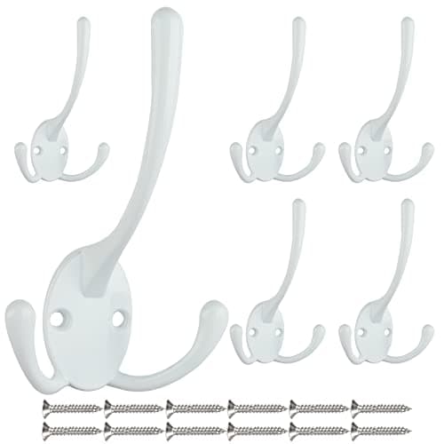 Retro Double Utility Rustic Hooks for Thick Coats and Bags (6 Pack) — White