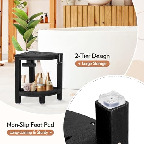 HDPE Leg Shaving Shower Stool with Hooks & Dish (Black)