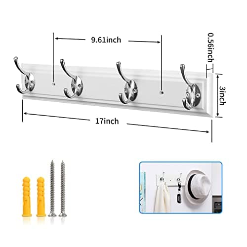 White Wall Mount Coat Rack, 17" Wood & 4 Hooks, Heavy Duty Zinc Alloy, Perfect for Bedroom, Bathroom, Kitchen