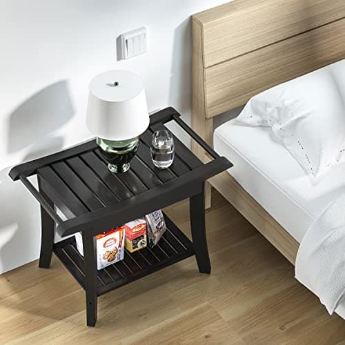 Waterproof Black Bamboo Shower Bench with Storage - Space-Efficient Spa Seat for Bathroom