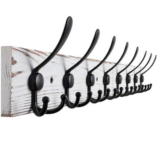 Large Wall Mount Coat Rack with 8 Triple Hooks - Brown Pine Wood Plank Hat Rack for Coat, Hat, Jacket — Old White Plate & Black Hook