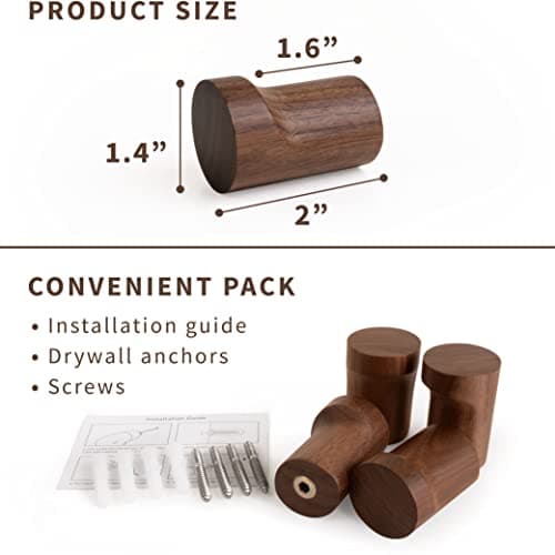 Black Walnut Wood Wall Hooks - Pack of 4 Minimalist Decor