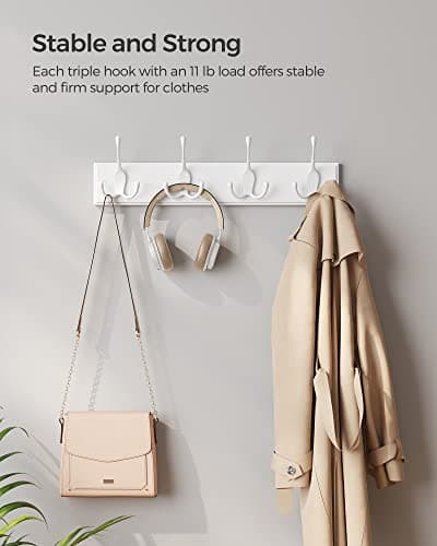 SongMics Wall-Mounted Coat Rack with 4 Tri-Hooks, White ULHR30WT