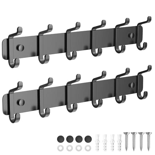 Pickpiff Heavy Duty Black Coat Hook Rail with 6 Dual Hooks for Mudroom, Entryway, and More — Black