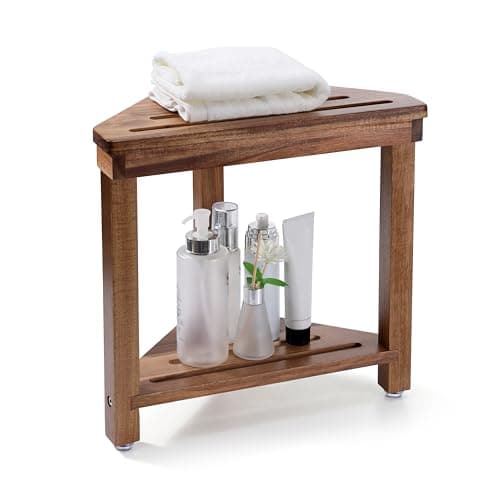 Corner Shower Foot Rest for Shaving Legs - Waterproof Acacia Wood Stool with Storage Shelf (14in)