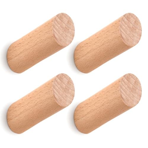 Natural Wood Wall Hooks, 4 Pack Heavy Duty Hat & Towel Hangers