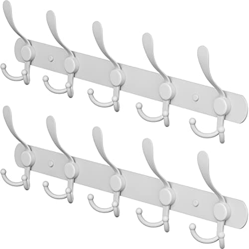 16-Inch Heavy Duty Matte Stainless Steel Coat Rack - 5 Hooks for Towels, Bags, Hats - Wall Mounted - White - 2 Pack
