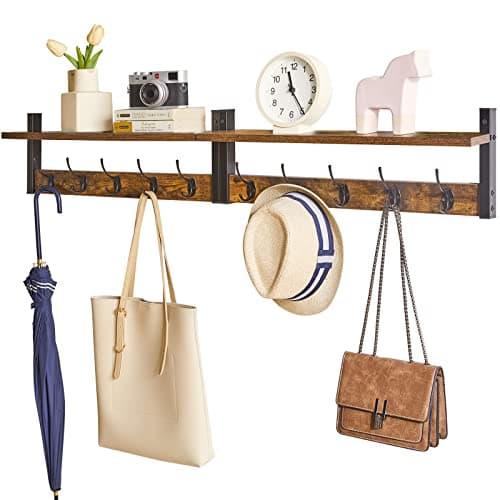 Rustic Brown Wall Mounted Coat Rack with 8 Hooks and Shelf UHWS001H-2 — Rustic Brown