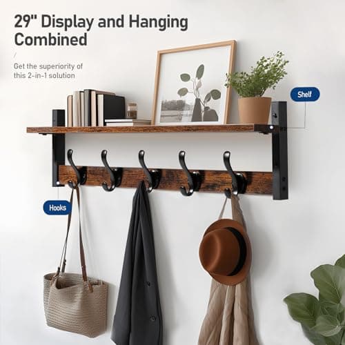 Tatub Rustic 29" Wall Mount Coat Rack with Shelf, Black