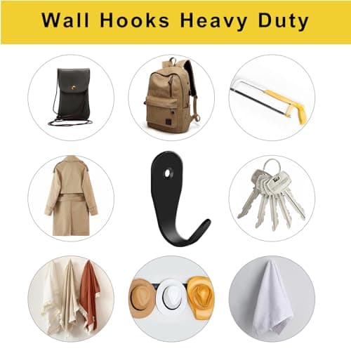 Heavy Duty Black Wall Hooks, 6pcs for Coats, Towels, Bags