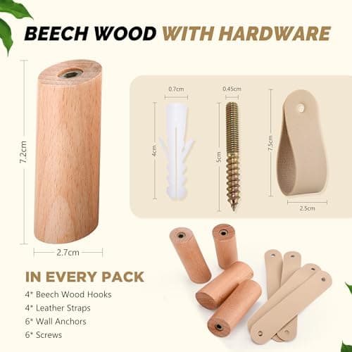 Natural Wood Wall Hooks, 4 Pack Heavy Duty Hat & Towel Hangers