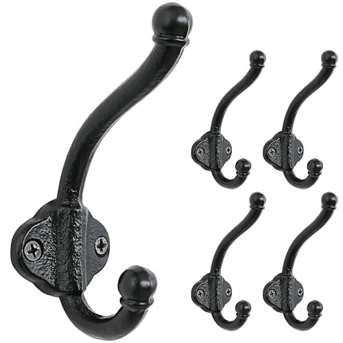 Vintage Bold Antique Black Cast Iron Wall Hooks, Heavy Duty, Pack of 5