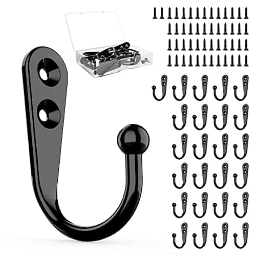 10 Pack Heavy Duty Black Wall Hooks for Mudroom, Backpacks, Robes + 30 Screws — 25PCS + Single Hook