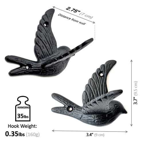 Ambipolar Vintage Black Bird Hook 5-Pack, Sturdy Rustic Farmhouse Coats & Hats