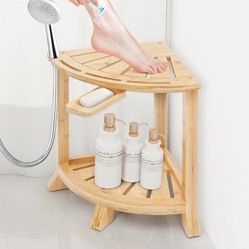Bamboo Shower Bench with Storage, Non-Slip Waterproof Seat for Elderly, Shavingecess, 18 Inches