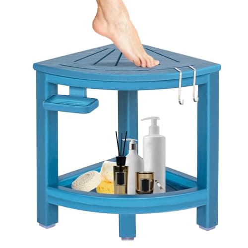 HDPE Leg Shaving Shower Stool with Hooks & Dish (Black) — Blue