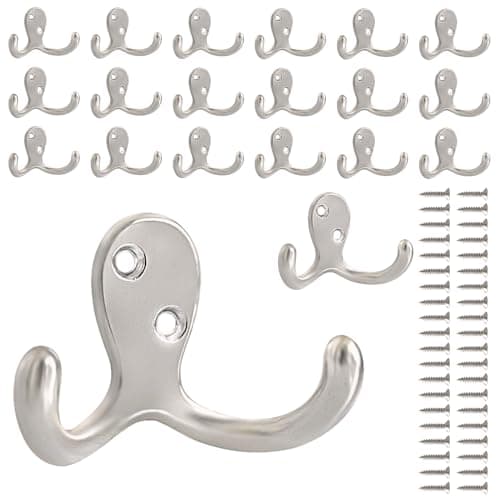 10 Pack Heavy Duty Wall Hooks for Coats, Bags, and Towels - Metal Double Prong (Black) — Silver-20pack