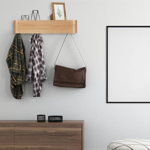 Oak Wall Mount Coat Rack with Shelf, 19.9 Inch Entryway Organizer
