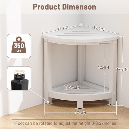 Corner Shower Stool with Storage Shelf - Waterproof HDPE Shower Seat for Indoor/Outdoor Use, White