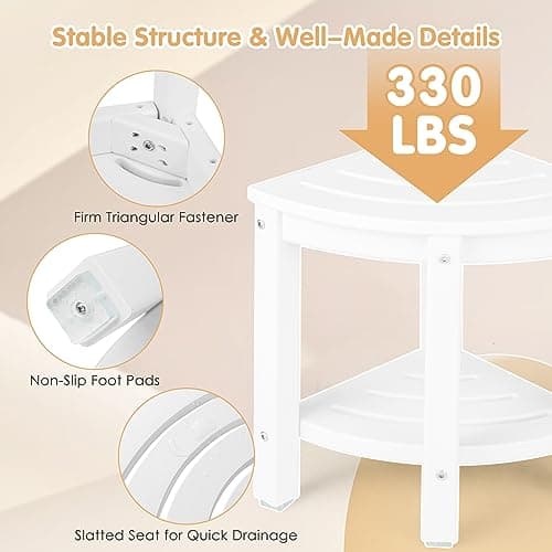 Giantex Waterproof Corner Shower Stool with Storage Shelf (White)