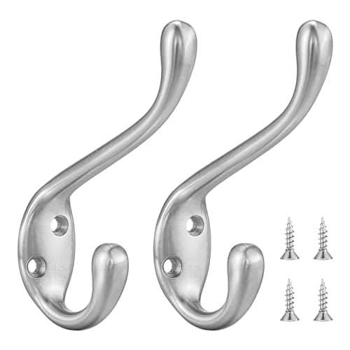 Durable Wall Mounted Coat Hooks - 5 Pack - Matte Black Double Prongs for Hanging Clothes/Towels — Brushed Nickel