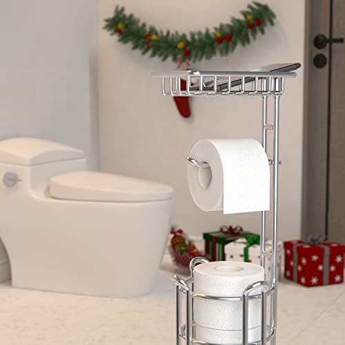 Shiny Chrome Toilet Paper Holder with Shelf for Storage and Phone/Wipe Holds Mega Rolls