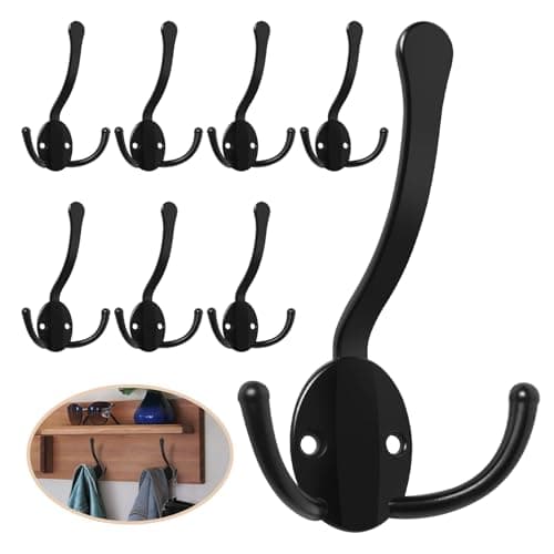 Heavy Duty 8 Pack Metal Coat Hooks, Large Prongs for Hanging Towels, Coats, Scarves - Rustproof White — 8 Pcs Black
