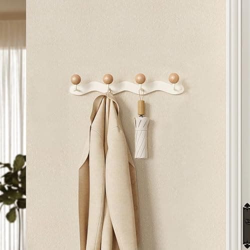Anti-Tear Wood Ball Hook Rail, Heavy Duty Metal Coats Hanger, 1 Pack (4 Tri Hooks)