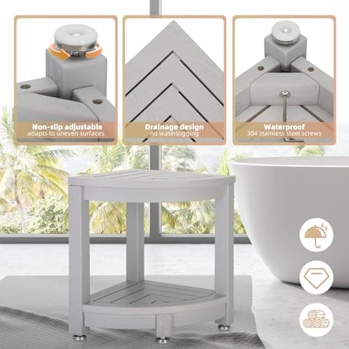 Magam Waterproof Teak Shower Stool with Storage & Non-Slip Feet (Gray)