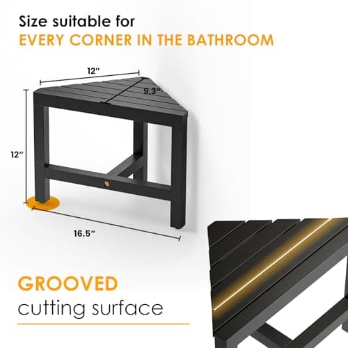 HOLANA Black Acacia 12" Shower Foot Rest - Corner Bench for Shaving
