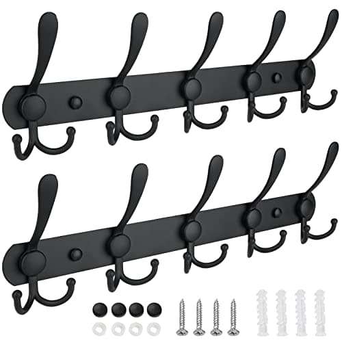 Wall Mounted Coat Rack with Five Tri Hooks (2-Pack) - Matte Black, Heavy Duty Metal Construction for Mudroom Entryway