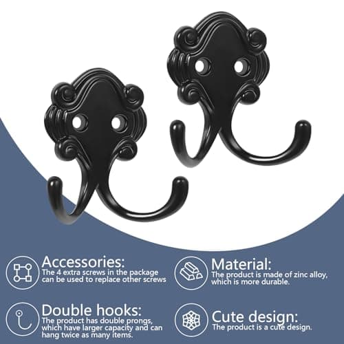 Heavy Duty Black Metal 8 Pack Coat Hooks for Wall Mounting