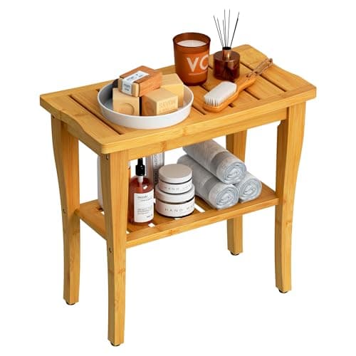 Bamboo Waterproof Shower Bench Stool with Storage, Ideal for Adults & Seniors Indoors or Outdoors — Natural