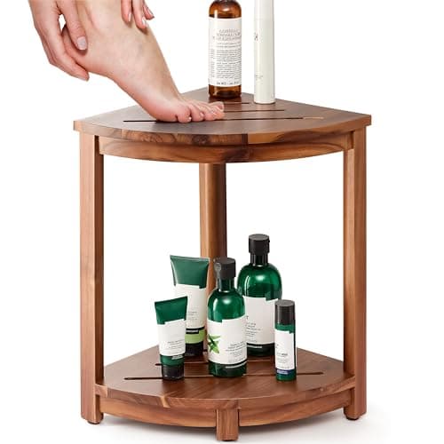 Tinamo Acacia Corner Shower Bench with Storage Shelf