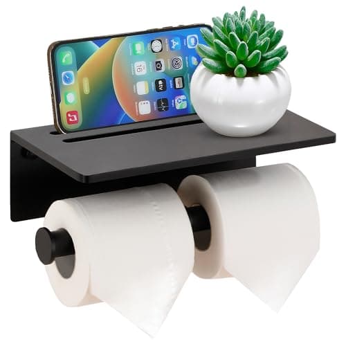 Rustproof Black 3M Adhesive Toilet Paper Holder with Phone Shelf