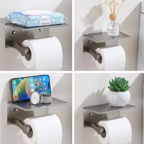 Toilet Paper Holder with Shelf & Cell Phone Storage - Adhesive or Screw Mounted